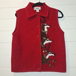 Lisa International Boiled Wool, Three Reindeer Red Christmas Vest, Women's M